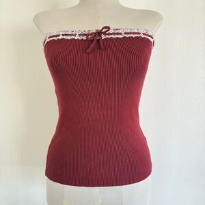 Y2K Style Sleeveless Tube Top Lace Trim bow Red White coquette kawai goth lolita